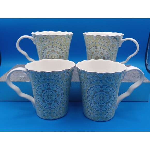 222 Fifth Lyria Teal Paisley Medallion Coffee Mugs Set Of 4 Porcelain Scalloped - Picture 3 of 14